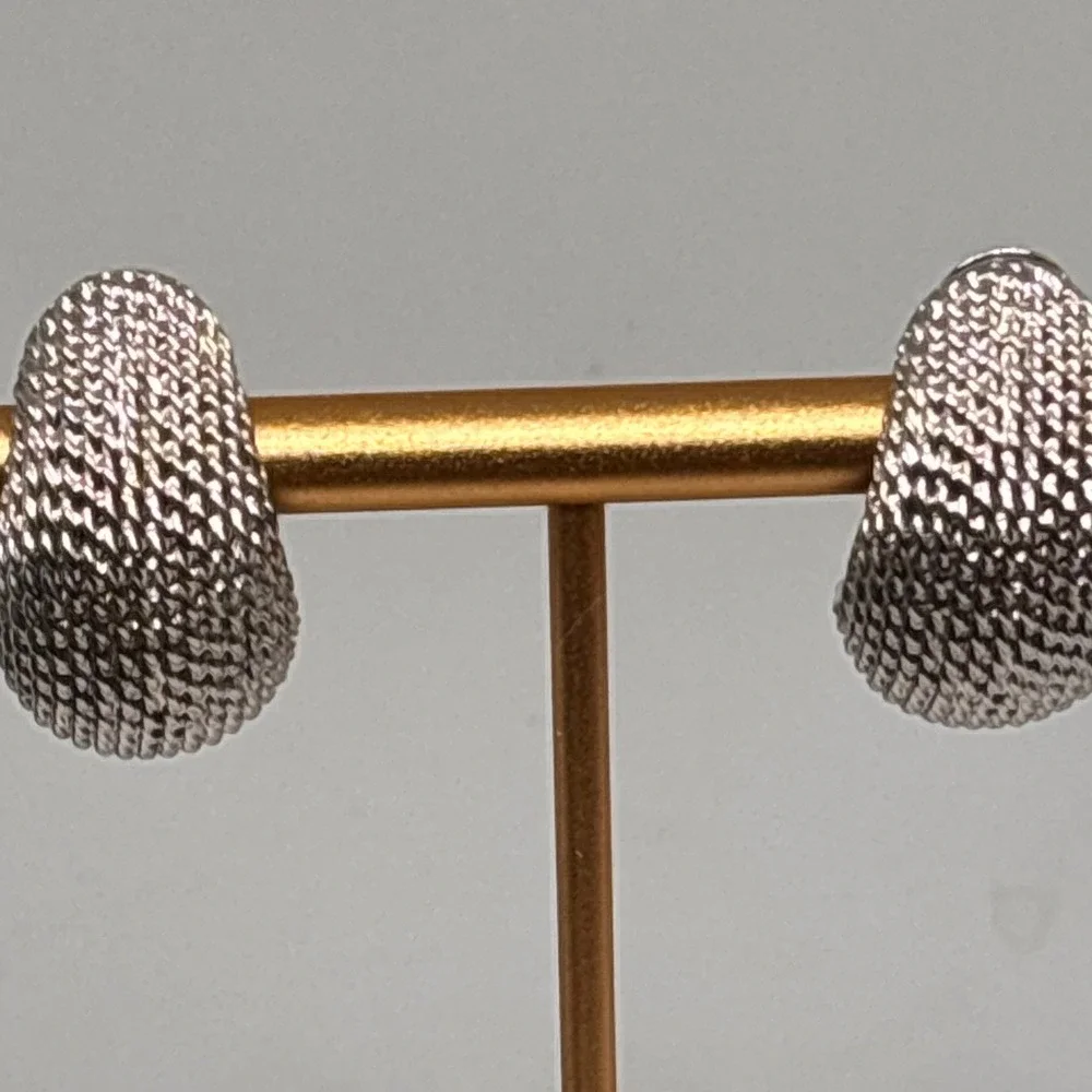 Monet Clip‎ On Earrings Silver Tone Textured Dome Vintage Designer Costume